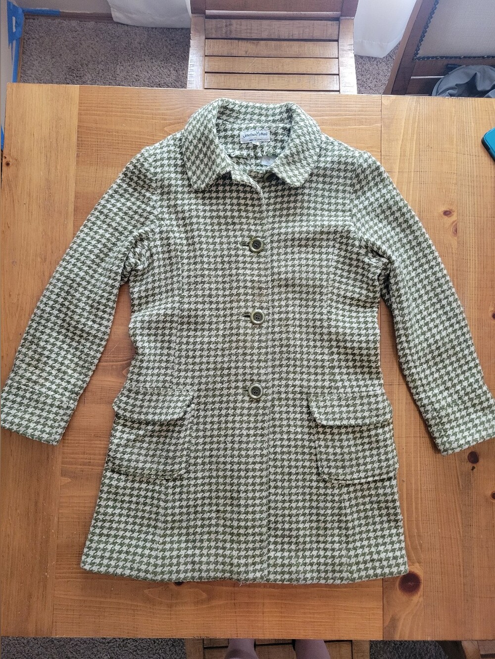 Vintage 80s 90s Jonathan Michael Olive Green Ivory Houndstooth Coat Size 12